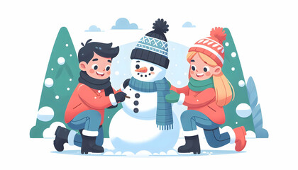 Candid Winter Scene: Flat Vector Illustration of Two Kids Joyfully Building a Snowman in a Snowy Backyard