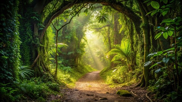 Fototapeta Forest path through dense trees with a portal in the jungle