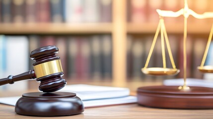 Close-up of a gavel on a wooden desk, symbolizing authority and importance of election rules, with copy space for text or design