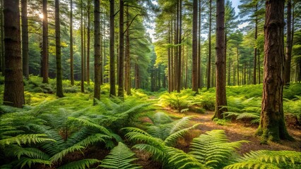Obraz premium Forest scene with ferns in foreground viewed from above
