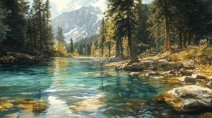 Obraz premium Tranquil River Flowing Through Mountain Valley