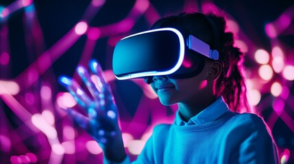 A young school student immersed in a virtual reality experience, exploring the vast potential of AI and technology, a glimpse into the future of education and innovation.