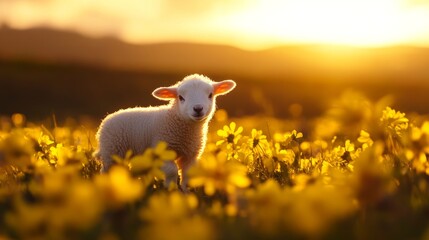 An adorable lamb stands in a field of golden flowers, bathed in the warm glow of the setting sun. It symbolizes innocence, new beginnings, springtime, nature, and the beauty of life.