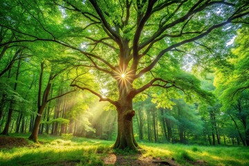 Obraz premium Forest tree surrounded by lush greenery in the sunlight, perfect for natural backgrounds