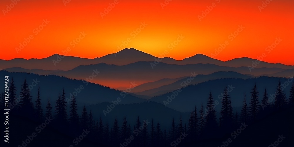 Canvas Prints Silhouetted mountain range at sunset with a fiery orange sky.