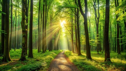 Forest trees with sunlight filtering through, creating leading lines in nature