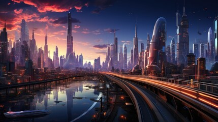 Naklejka premium Futuristic Cityscape at Sunset