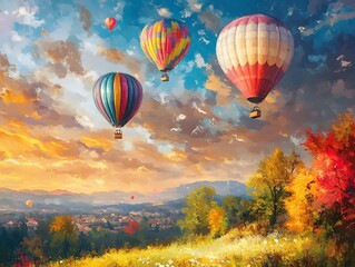 Obraz premium Hot air balloons soaring over a vibrant autumn landscape at sunset.