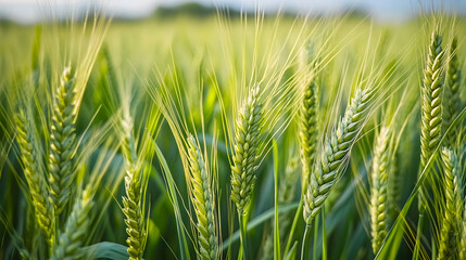 Fototapeta premium close up of green wheat field. plantations waiting for harvest, depth of field is low.