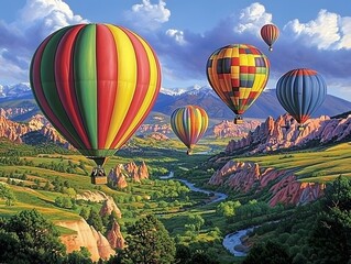 Naklejka premium Colorful hot air balloons soaring over a scenic landscape.