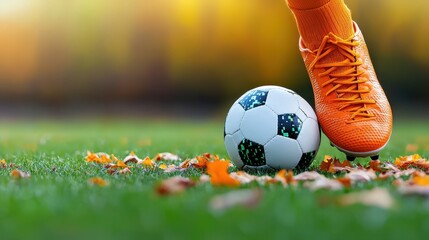 Soccer Player Foot with Cleats and Ball on Grass Field in Autumn