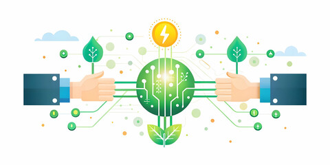 Obraz premium Flat Macro of Hands Connecting Digital Circuits concept as A close up image of hands connecting two ends of a digital circuit with green energy symbols. The camera focuses on the connection point symb