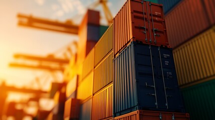 Fototapeta premium Containers Stacked at a Busy Shipping Port, symbolizing global trade, logistics, import, export, and transportation.