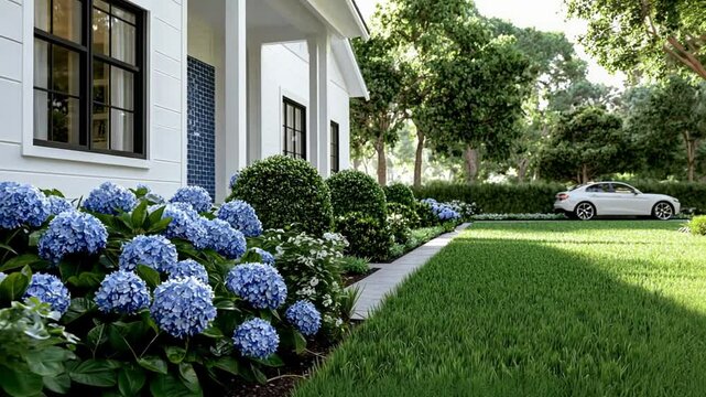 A serene garden featuring blue hydrangeas and a well-maintained lawn beside a house.