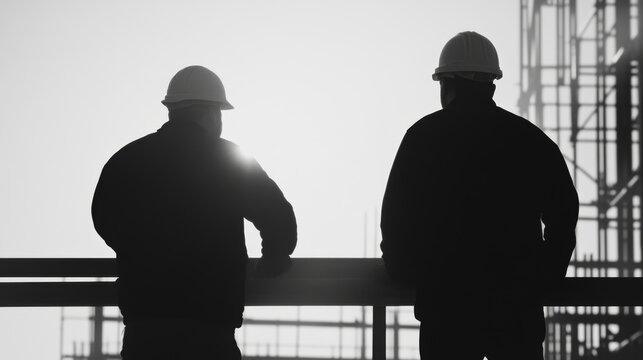 Construction workers observing project updates at sunset, showcasing teamwork and dedication in silhouette