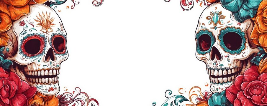 Colorful sugar skull design with vibrant flowers, perfect for Day of the Dead celebrations and artistic projects. - Powered by Adobe