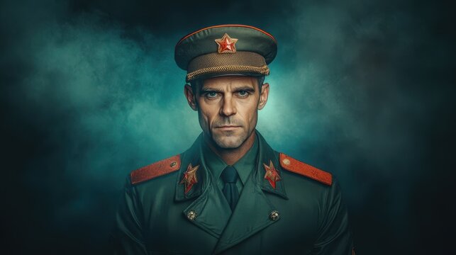 Military Officer in Green Uniform with Red Star Cap