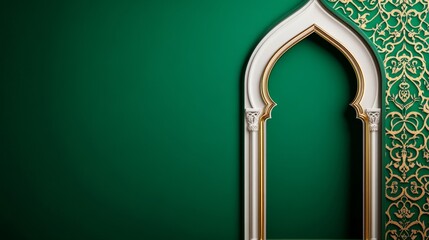 Fototapeta premium Elegant Arabic archway with intricate white detailing, set against a rich green background, adorned with delicate gold accents. This image symbolizes culture, tradition, faith, and beauty.