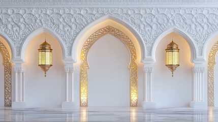 Obraz premium Elegant Islamic archway adorned with intricate details, featuring golden lanterns and white marble flooring, symbolizing faith, tradition, beauty, and spirituality.
