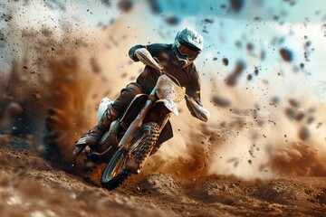 Motocross rider speeding on dirt track with debris scattering