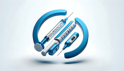 3D Hovering Insulin Pen and Syringe Icon with Blue Circle Concept - Advanced Diabetes Management Technology Vector on White Background