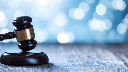 Close-up of a gavel on a wooden desk, symbolizing authority and importance of election rules, with copy space for text or design
