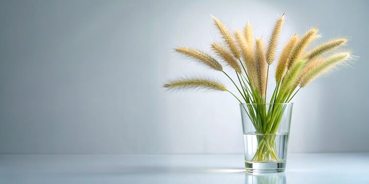 Foxtail grass reflected in glass vessel with water isolated on light background