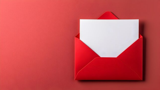 Red Envelope with Blank White Card on Pastel Pink Background for Valentine s Day Greeting Card Template