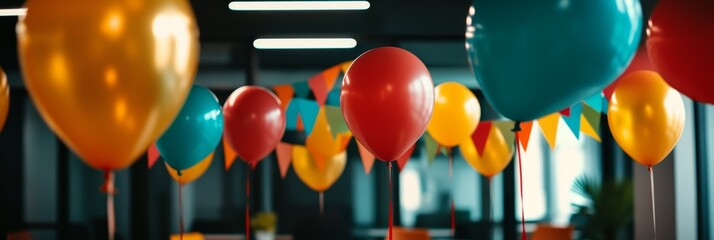 Retirement Party Celebration in an Office with balloons and colorful decorations, symbolizing a new chapter, fun, joy, achievement, and good wishes.
