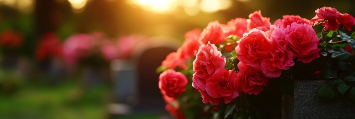 Obraz premium Red roses bloom on a grave in a well-maintained Swedish cemetery during a sunset. The warm light symbolizes life, love, and remembrance.