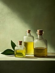 Plantain oil bottles accompanied by green plantain leaves, a symbol of nature, health, and beauty.