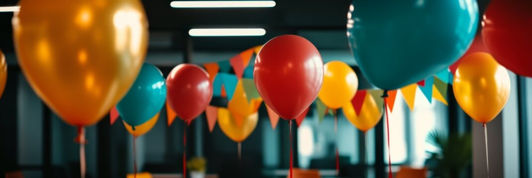 Retirement Party Celebration in an Office with balloons and colorful decorations, symbolizing a new chapter, fun, joy, achievement, and good wishes.