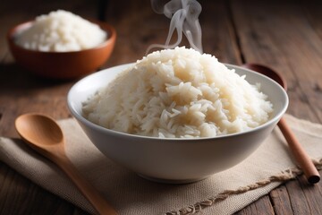 bowl of rice on a table with two wooden spoon 