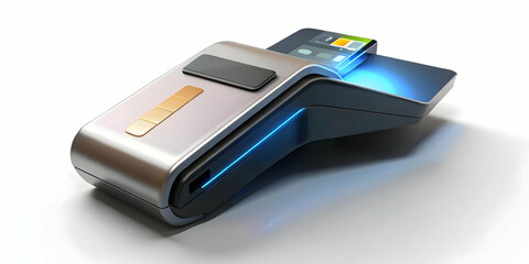 Macro Image of a Credit Card Chip Scanned by Futuristic Reader - Close-Up Details Highlighting Secure Payment Technology on a White Background in Photo Stock Concept