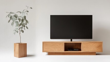 This low profile TV stand features a minimalist design with clean lines and a natural wood finish. It's perfect for modern living spaces and offers ample storage for electronics and accessories. The s