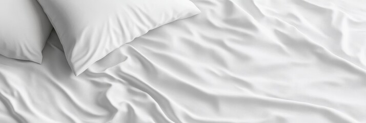 Obraz premium Top-down view of a pristine white bed with two pillows, offering a minimalist backdrop for showcasing products or designs. Perfect for bedding, sleepwear, or lifestyle imagery.