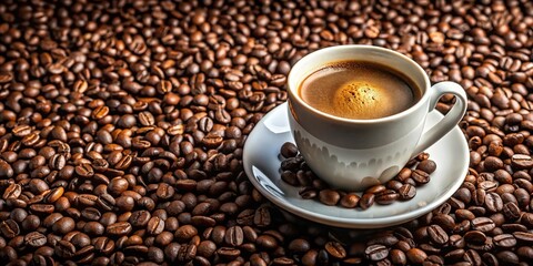 Fototapeta premium Fragrant hot coffee in a white cup with spilled roasted coffee beans