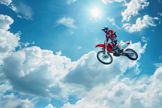 Motorbike rider jumps under clouded blue sky