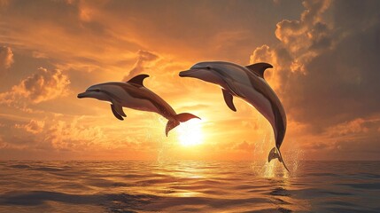 Two dolphins leap high above the ocean at sunset, creating a stunning silhouette against the fiery sky. This image embodies freedom, joy, and the beauty of nature.