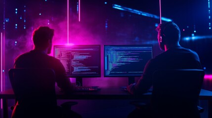 Fototapeta premium Two programmers are working late at night on a new application, their screens glowing in the dark. They are focused on their task, determined to create something innovative.