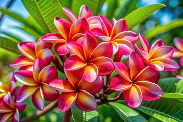 Fototapeta premium Frangipani flower in bloom with red accents shot with wide angle lens