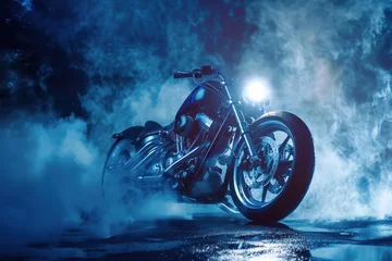 Motorcycle chopper with powerful engine smoke in night background