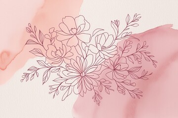 Line art flower design on watercolor background