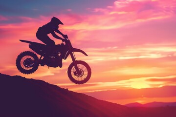 Obraz premium Motorcycle jumping silhouette at sunset