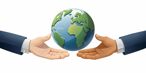 Flat Floating Handshake Above Globe: Two Hands Shaking Mid-Air on White Background - Symbolizing Global Compromise, Community, and ESG Business Negotiations in Simple Flat Vector Illustration
