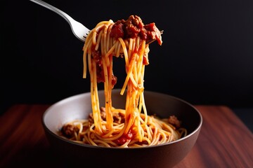 spaghetti with sauce on a fork 