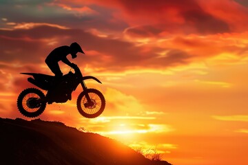 Fototapeta premium Motorcycle silhouette jumping at sunset