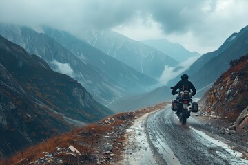 Motorcyclist braving cold overcast weather on mountainous dirt roads embodying extreme sport and active lifestyle in enduro off road touring