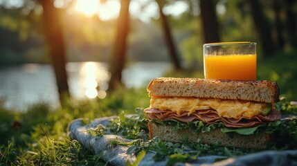 A sandwich and orange juice by a serene lakeside at sunset.