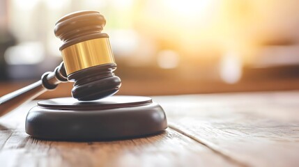 Fototapeta premium Close-up of a gavel on a wooden desk, symbolizing authority and importance of election rules, with copy space for text or design